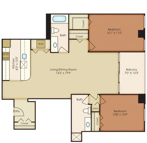 Floor plan for 2 beds, 2 baths, 1067 sqft